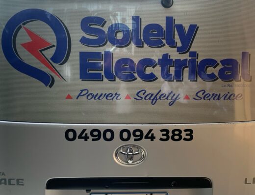 solely electrical logo on the back of the work van